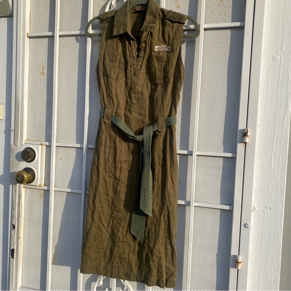 Bye women’s size S linen button front belted waist sleeveless army dress - Picture 1 of 12